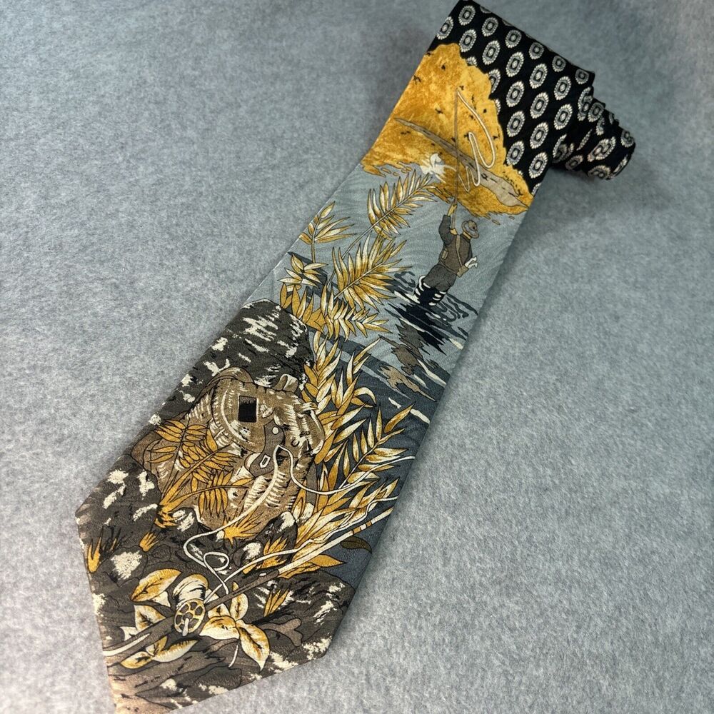 Frontier Neckties Como‎ House Fishing Scene With Geometric Pattern L:58” W:3.5”